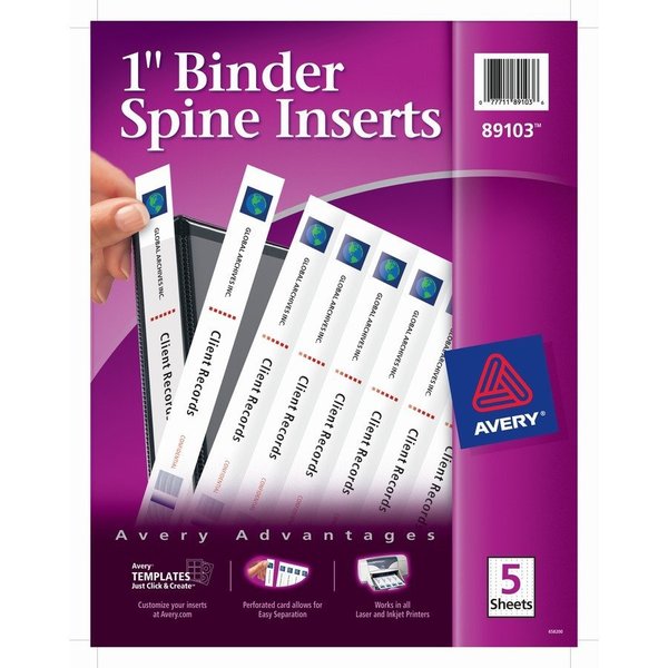 Avery Binder Spine Inserts, 1" Capacity, 40/PK, White 40PK AVE89103
